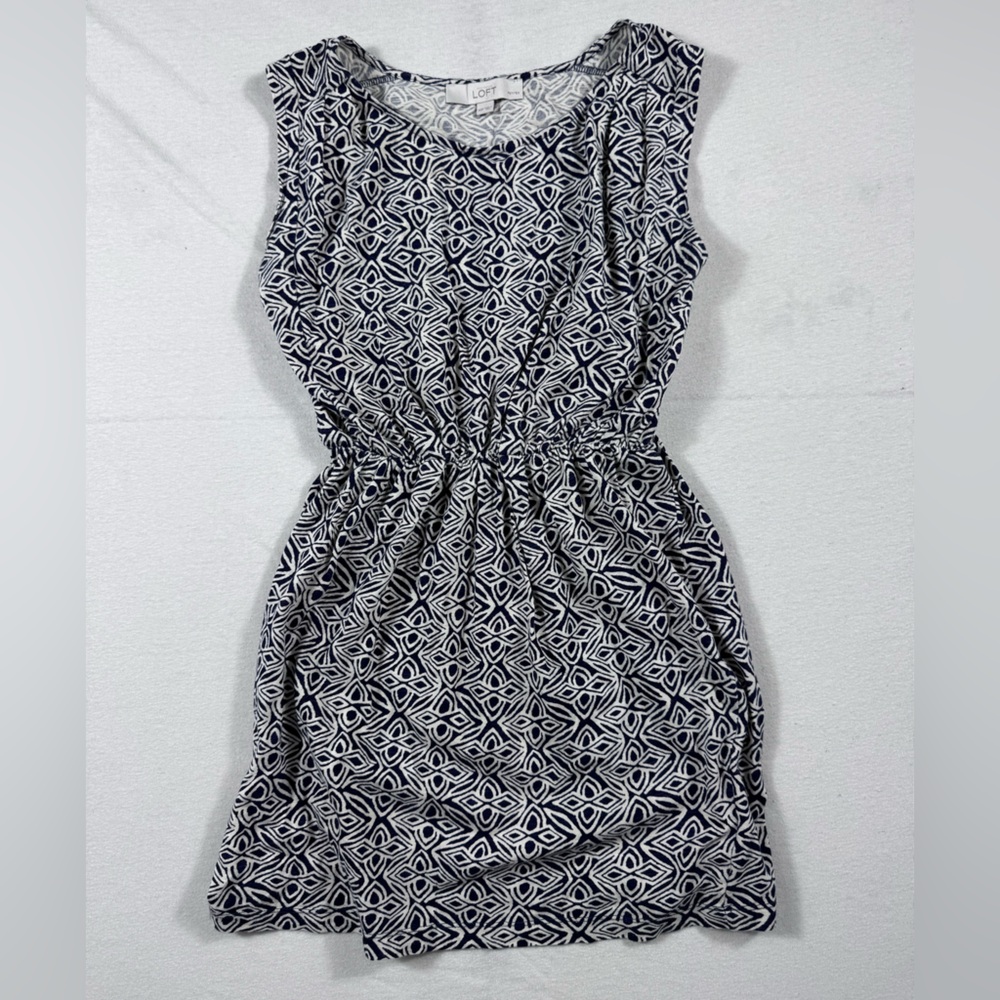 Ann Taylor LOFT Sleeveless Cotton Tunic Top Navy & White Print XS Petite